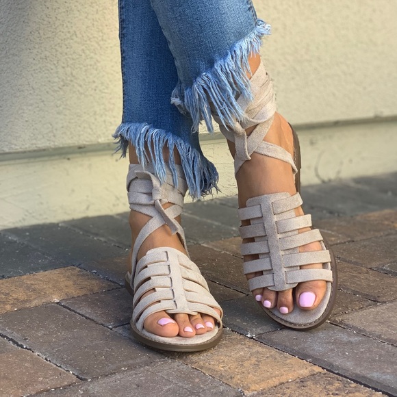 Taupe Ankle Wrap Gladiator Style Woven Sandals - Picture 7 of 7